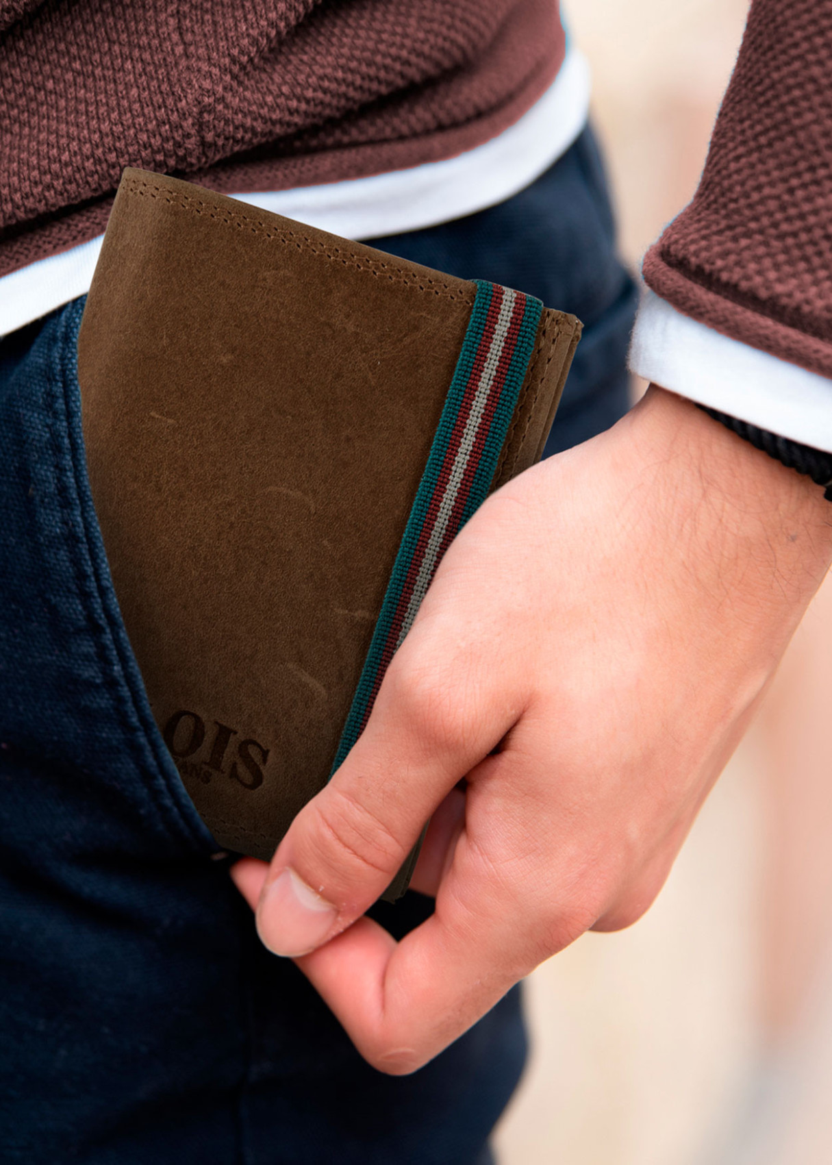 Cartera billetera con monedero cierre elástico de piel marrón