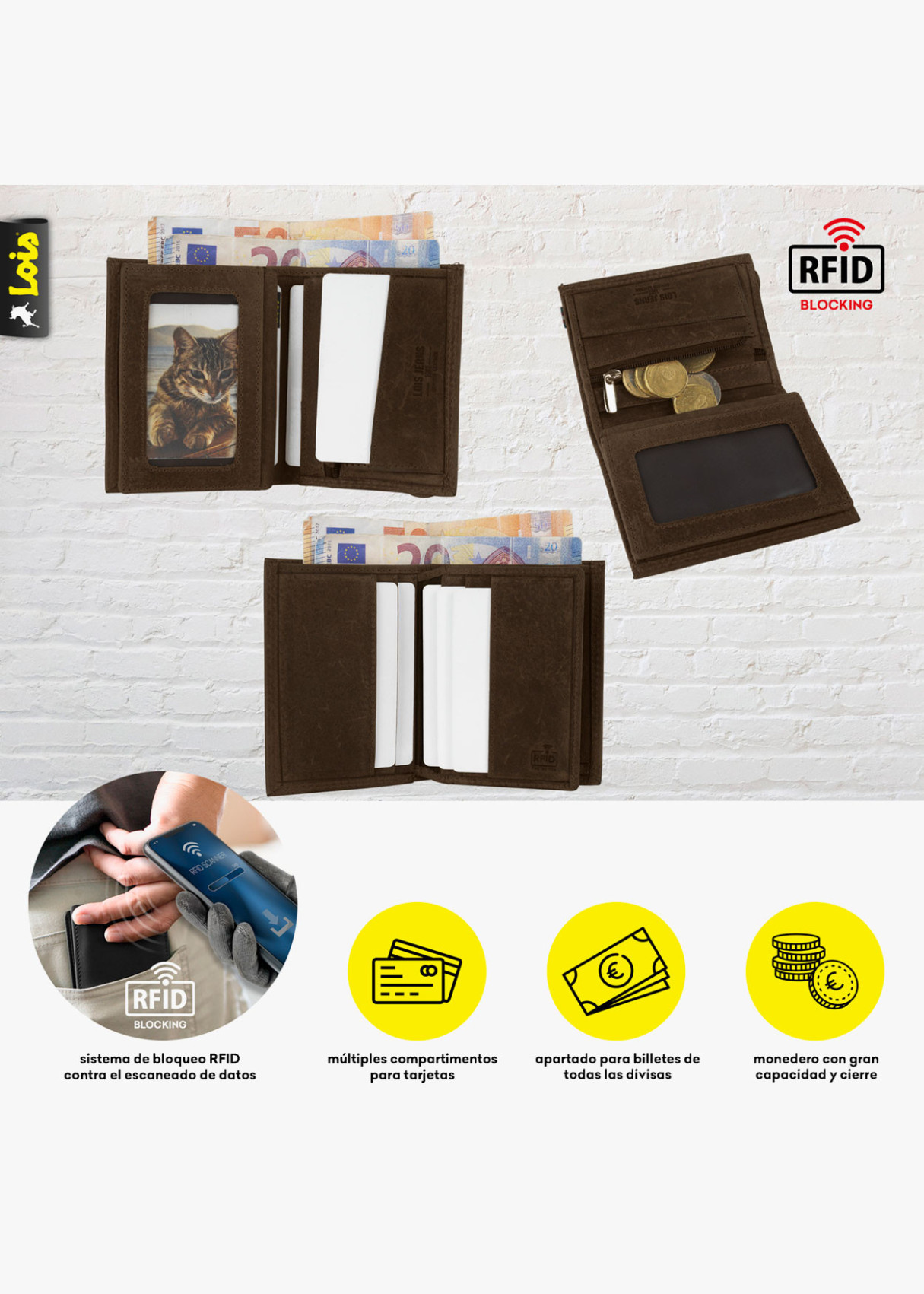 Cartera billetera con monedero cierre elástico de piel marrón