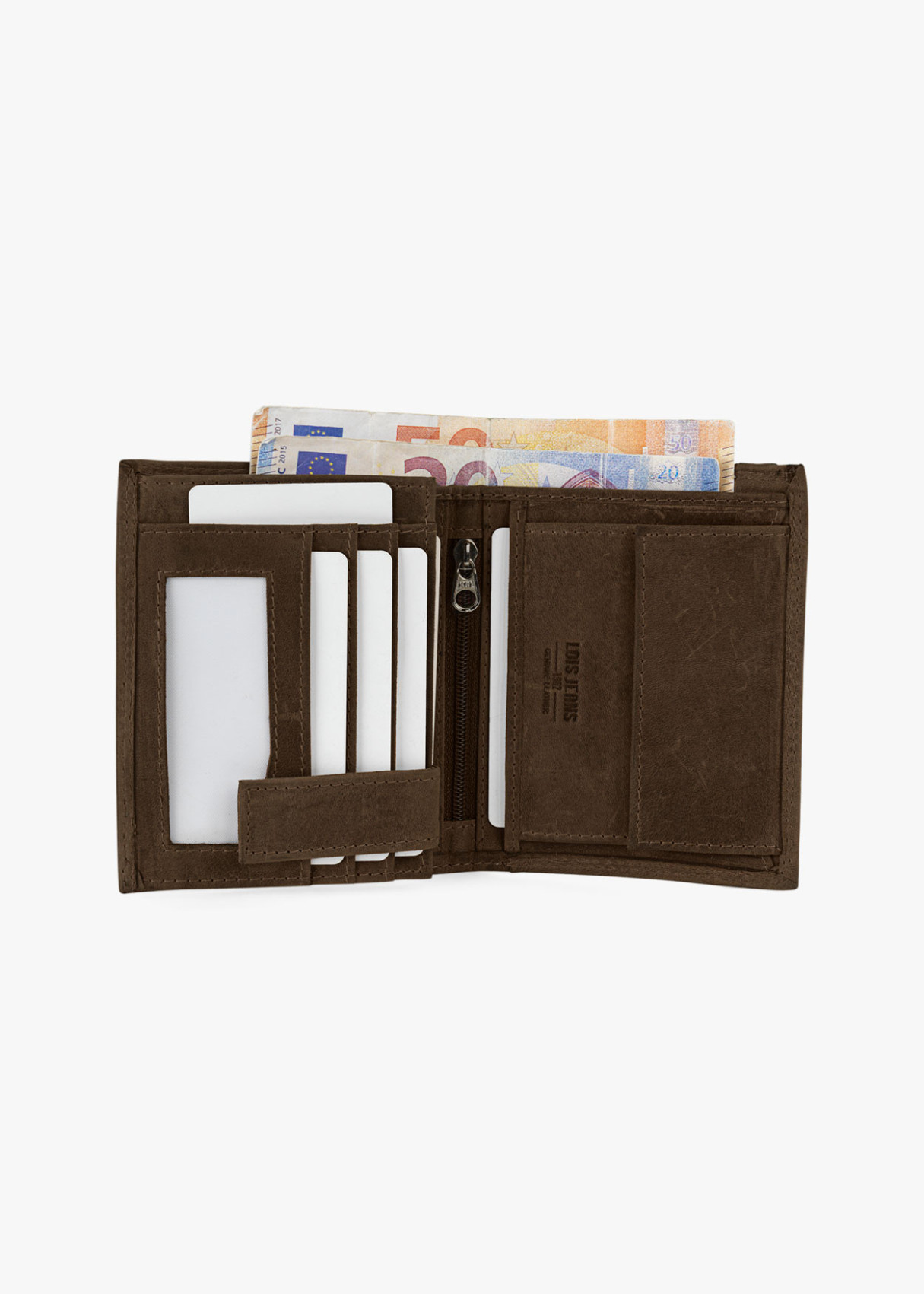 Cartera billetera de piel con monedero cierre elástico horizontal marrón