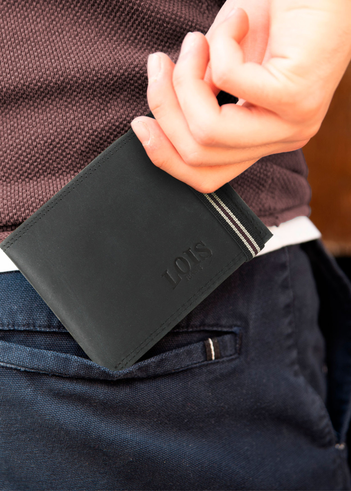 Cartera billetera con monedero cierre elástico a contraste de piel negro