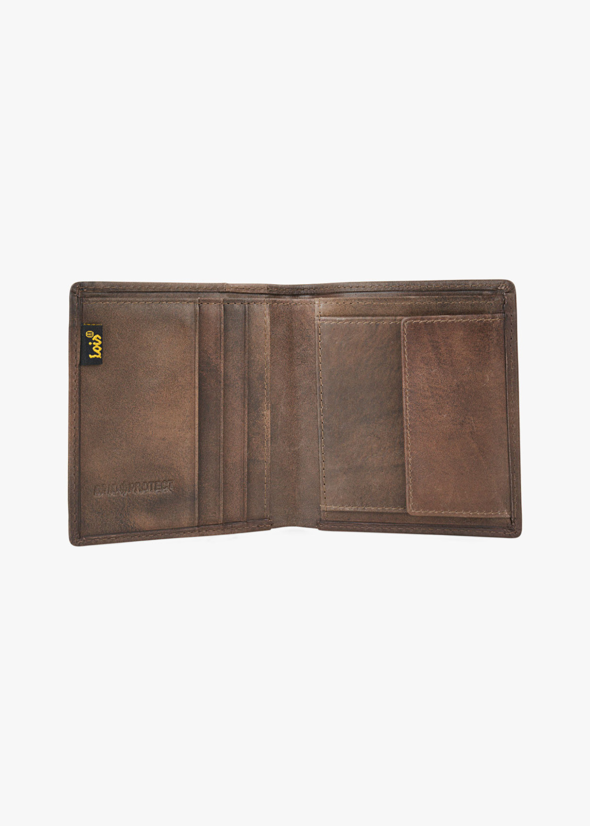 Cartera billetera tarjetero de piel efecto desgastado con logo en relieve marrón