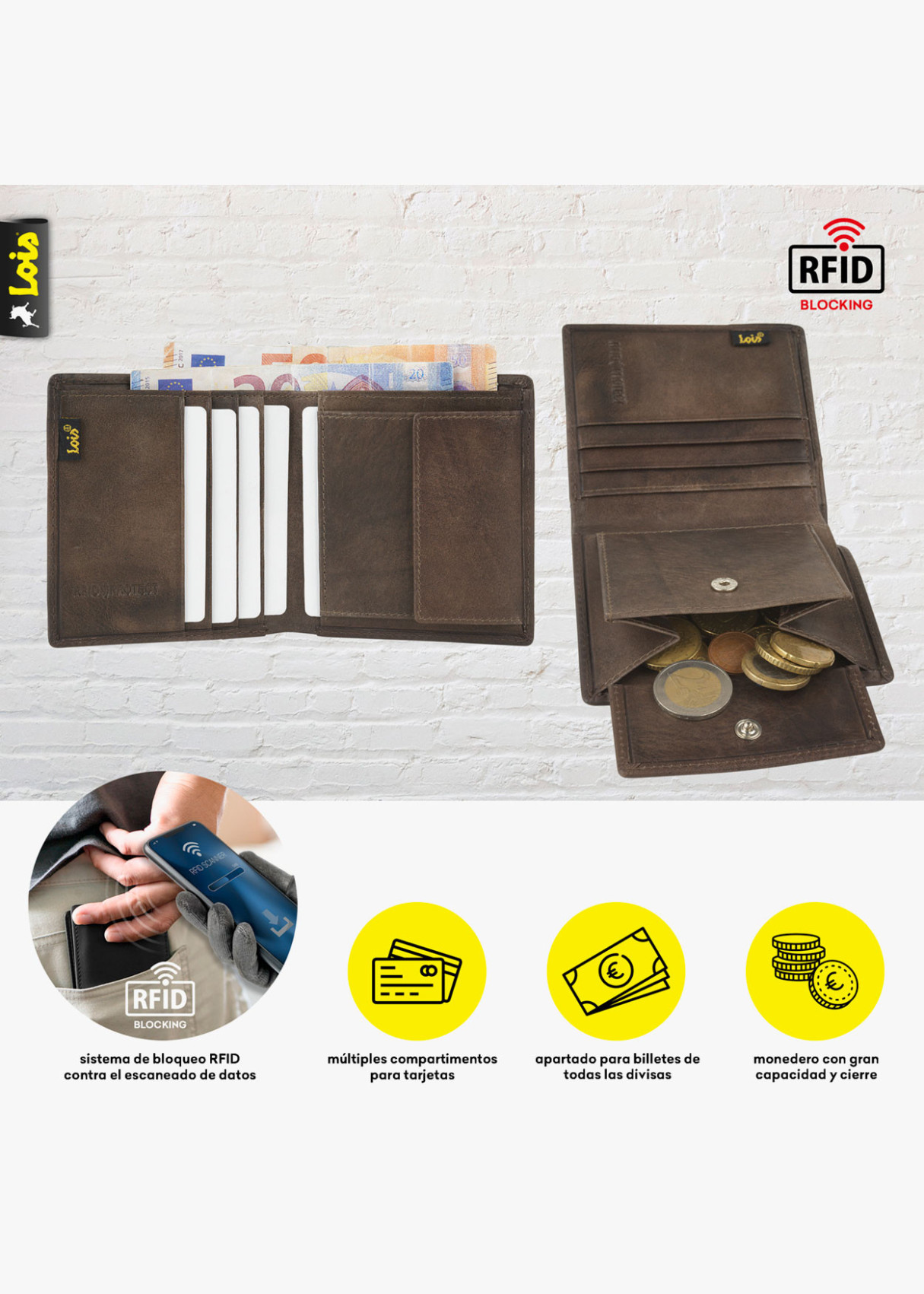 Cartera billetera tarjetero de piel efecto desgastado con logo en relieve marrón