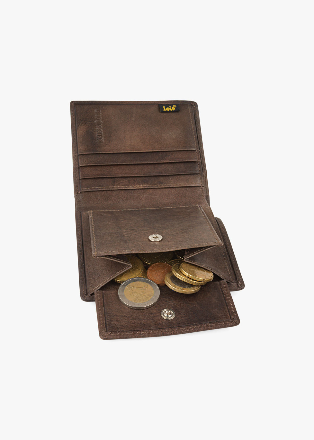 Cartera billetera tarjetero de piel efecto desgastado con logo en relieve marrón