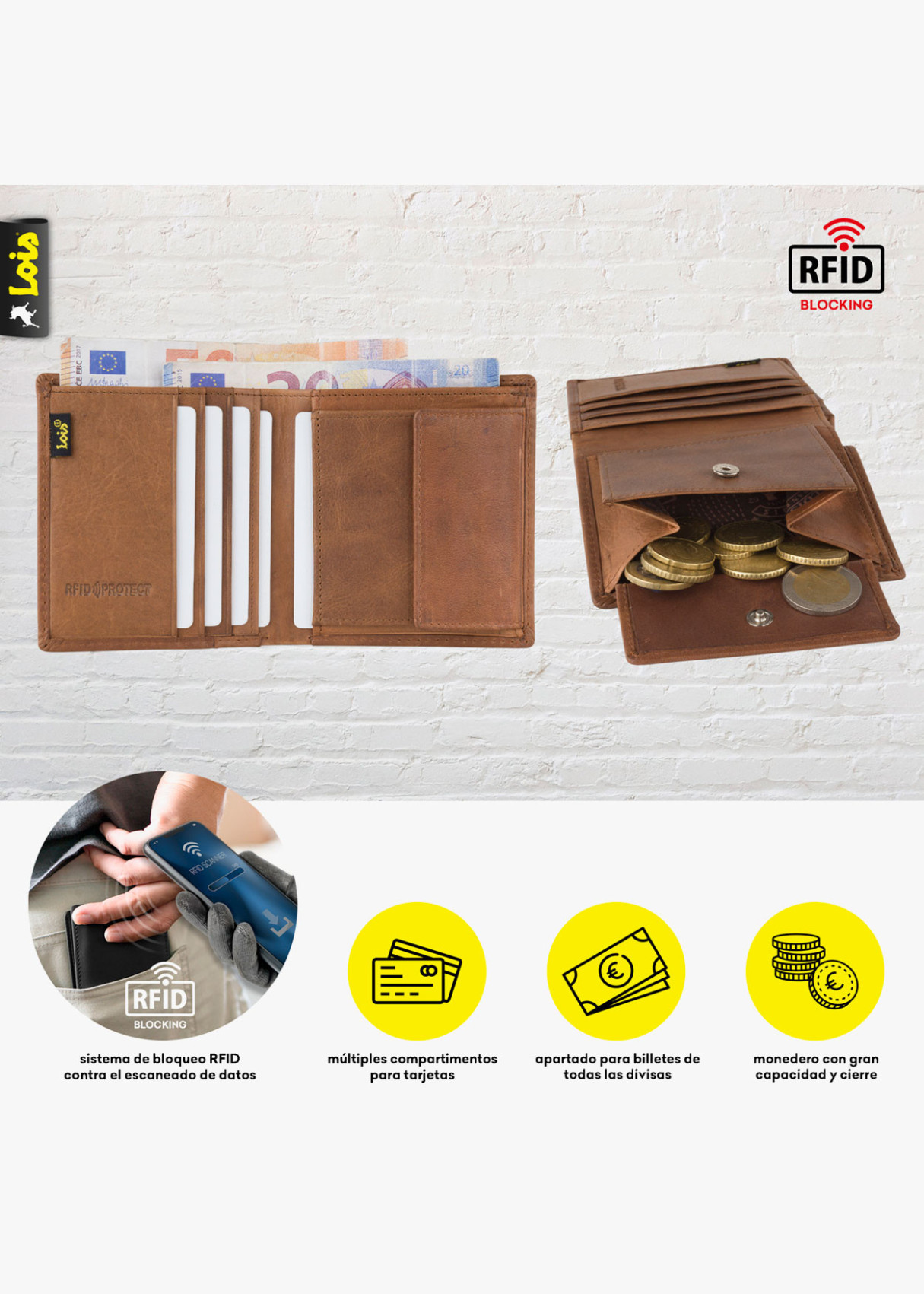 Cartera billetera tarjetero de piel vertical con logo 1962 en relieve cuero marrón