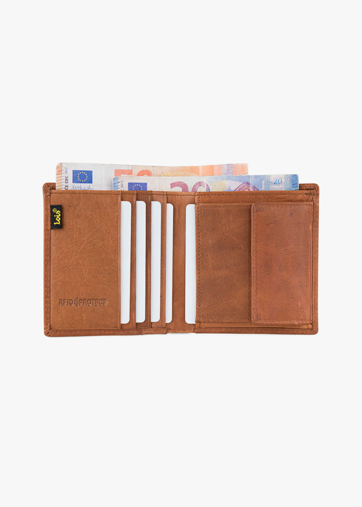 Cartera billetera tarjetero de piel vertical con logo 1962 en relieve cuero marrón