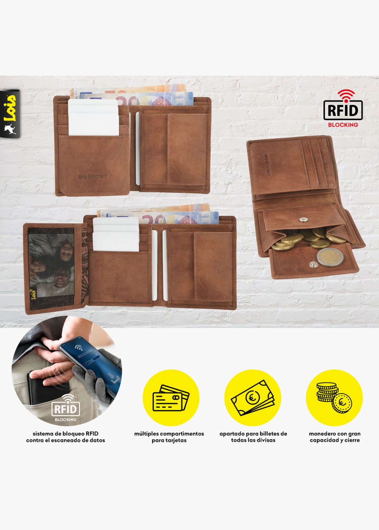 Cartera billetera de piel con monedero y compartimentos de cuero marrón