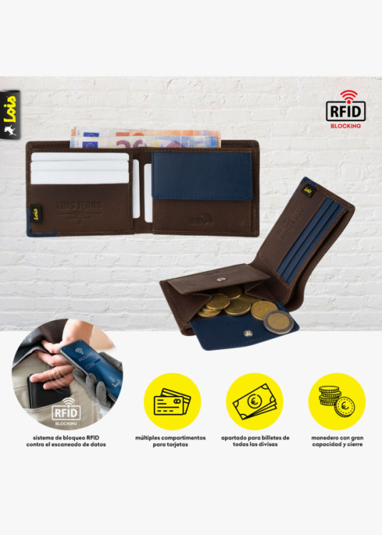 Cartera billetera con monedero y compartimentos horizontal marrón