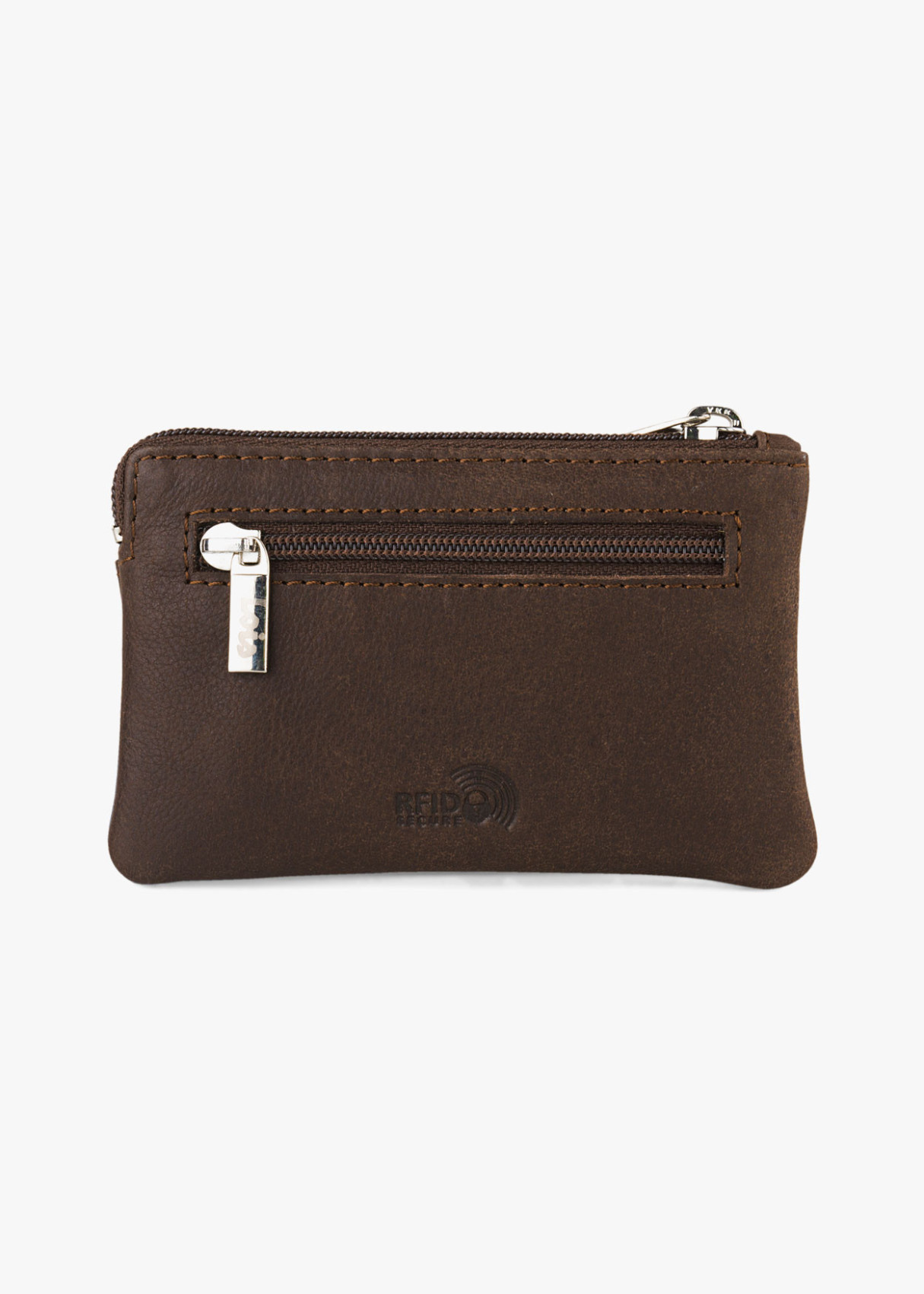 Cartera monedero con llavero marrón.