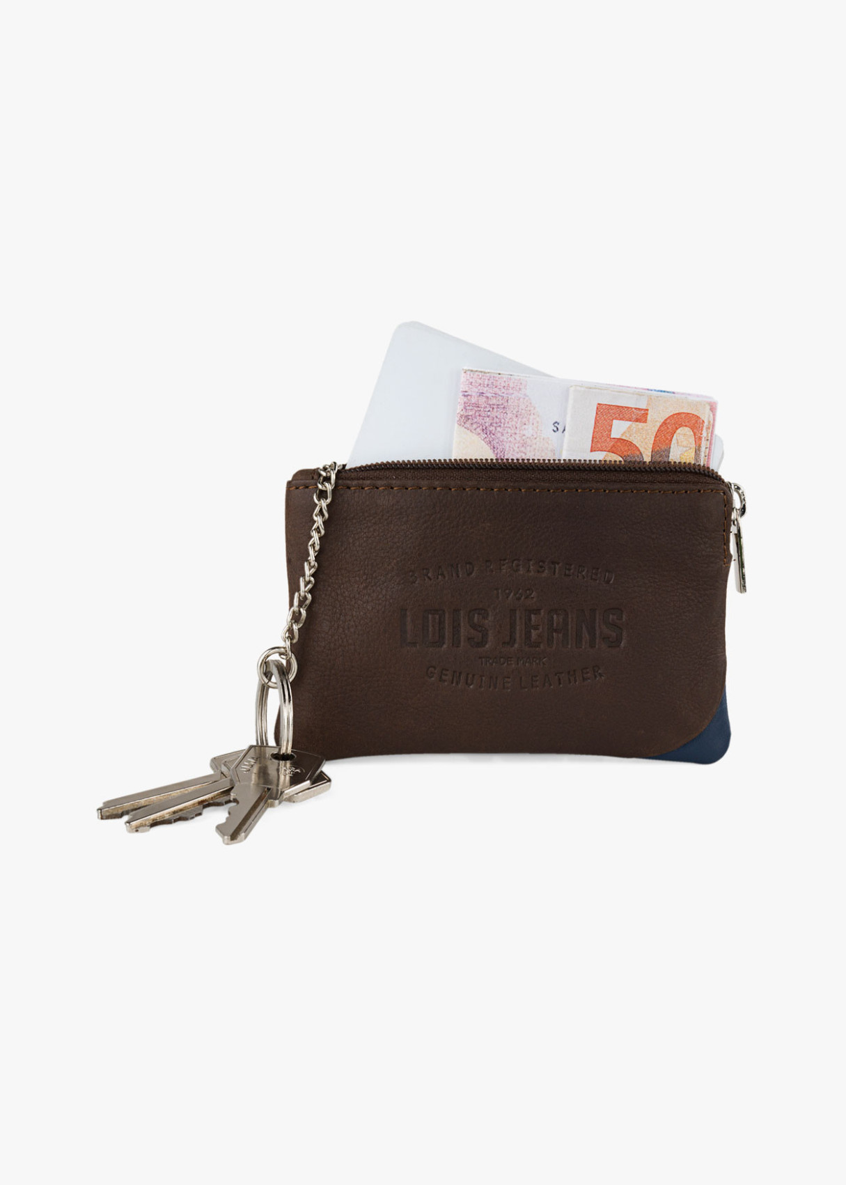 Cartera monedero con llavero marrón.