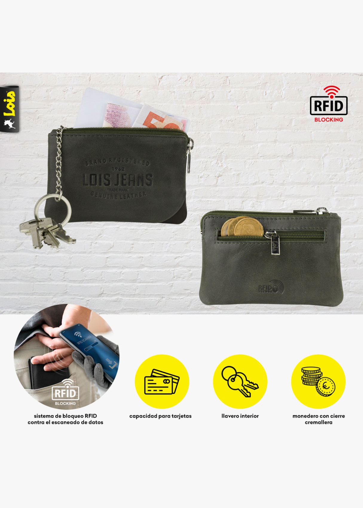 Cartera monedero con llavero verde