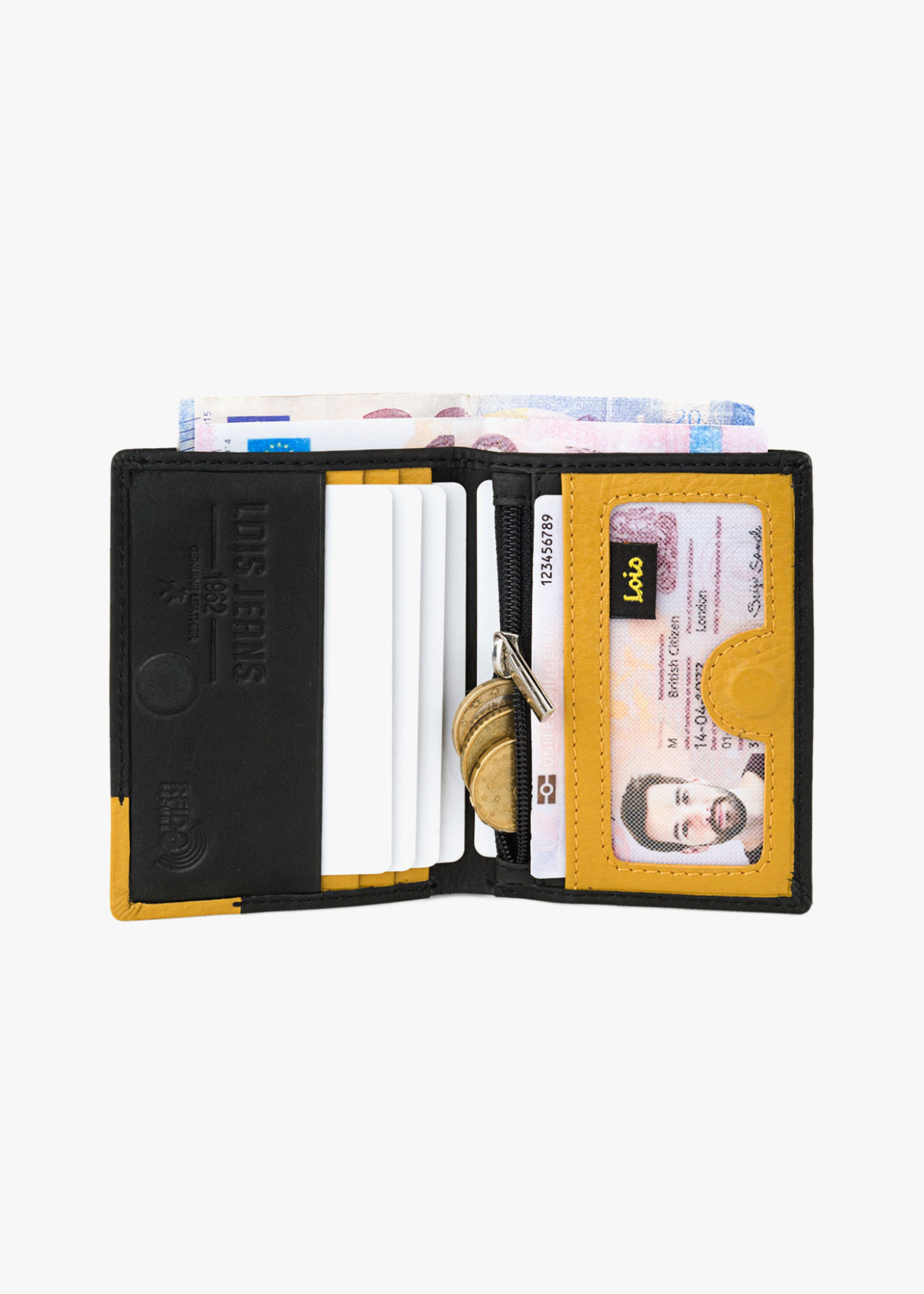 Cartera billetera con monedero y compartimentos detalle color negra