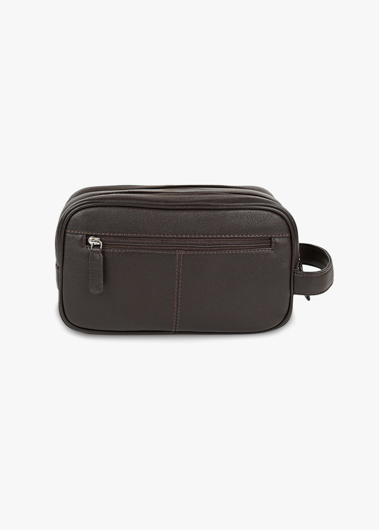 Neceser de piel con asa lateral y bolsillo frontal marrón