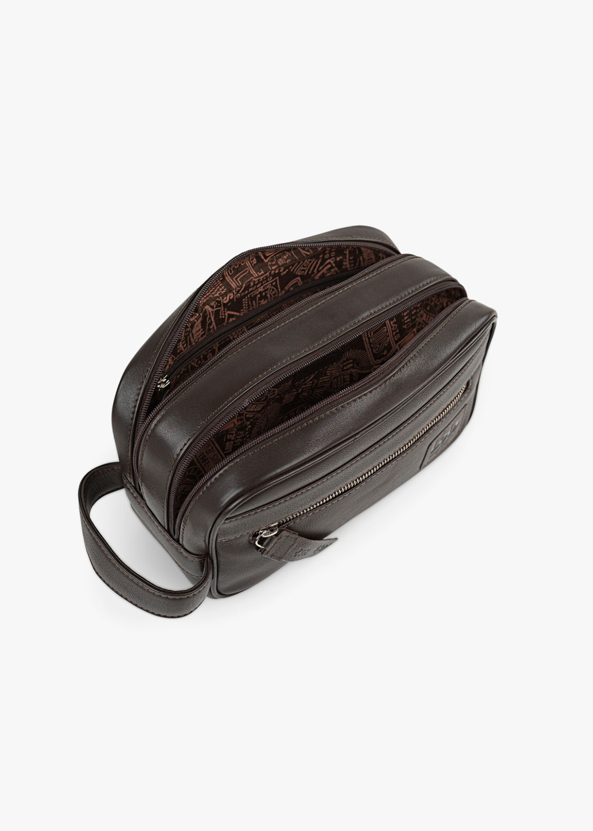 Neceser de piel con asa lateral y bolsillo frontal marrón