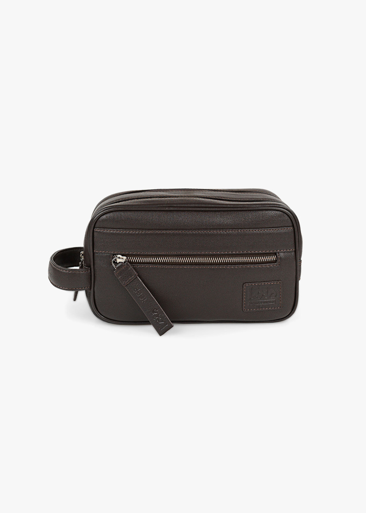 Neceser de piel con asa lateral y bolsillo frontal marrón