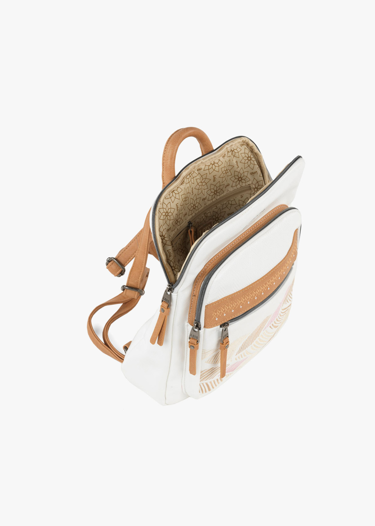 Mochila piel sintética estampado hojas blanca