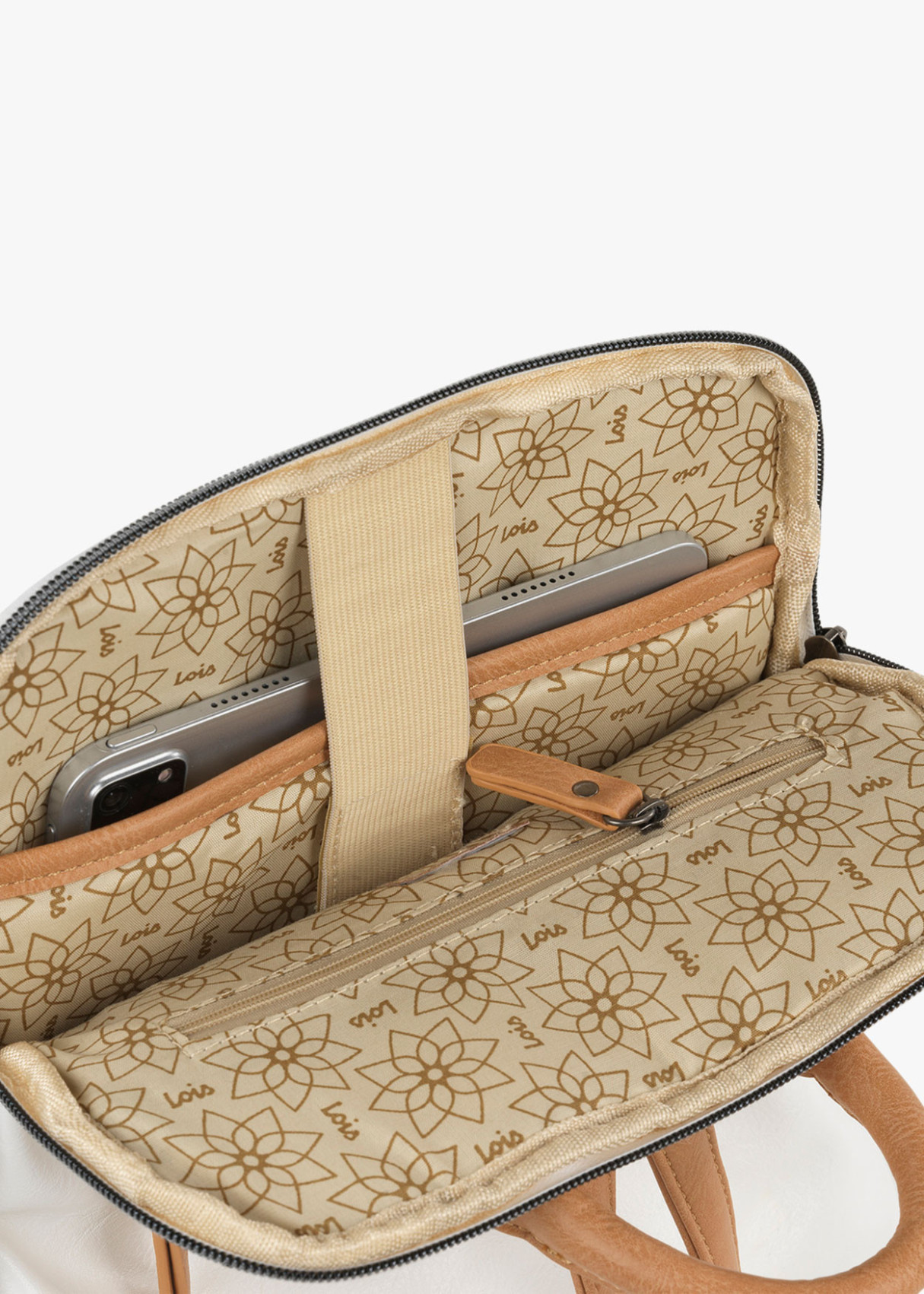 Mochila piel sintética estampado hojas blanca