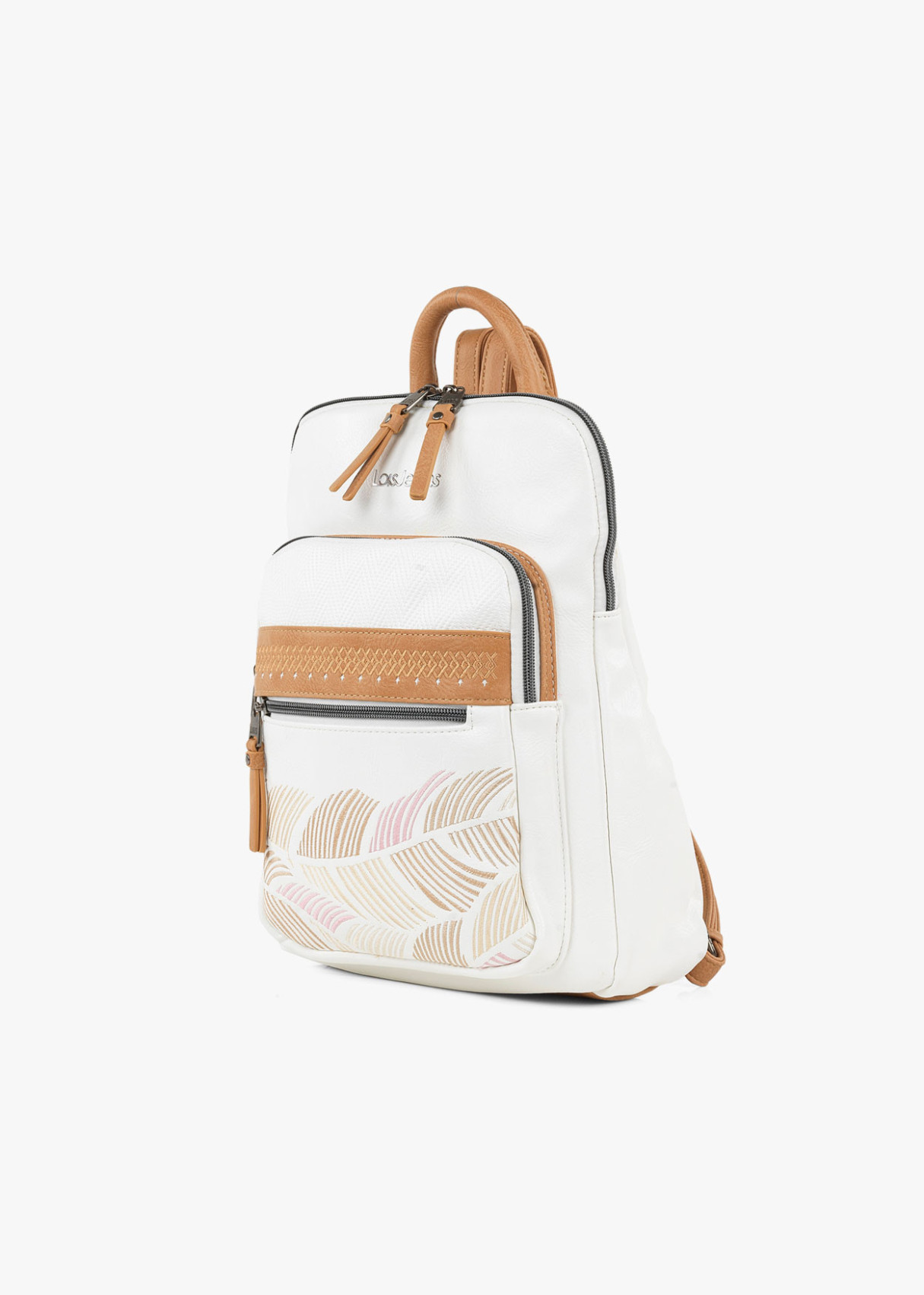 Mochila piel sintética estampado hojas blanca