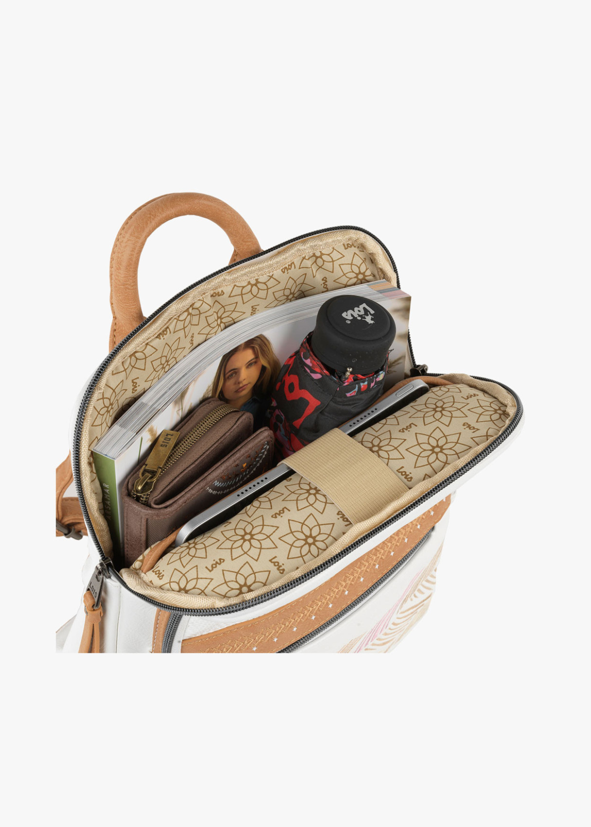 Mochila piel sintética estampado hojas blanca