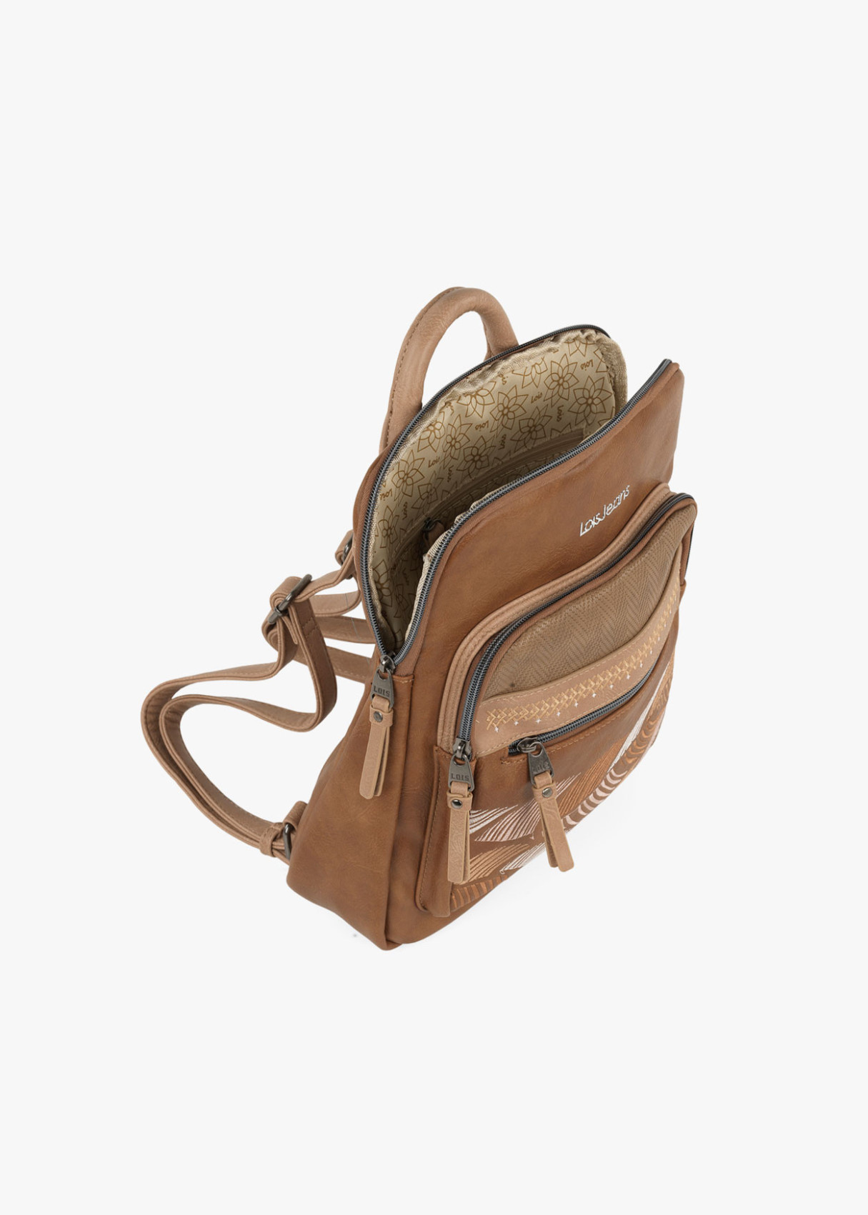 Mochila piel sintética estampado hojas marrón