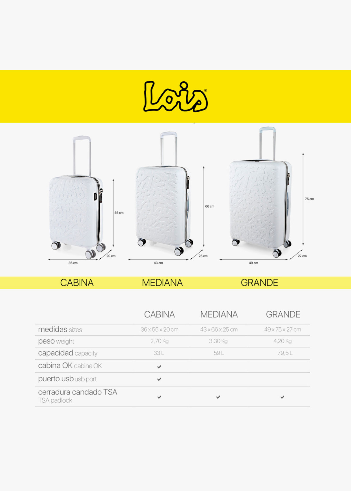 Maletas rígidas con ruedas trolley. Juego de tres blanco