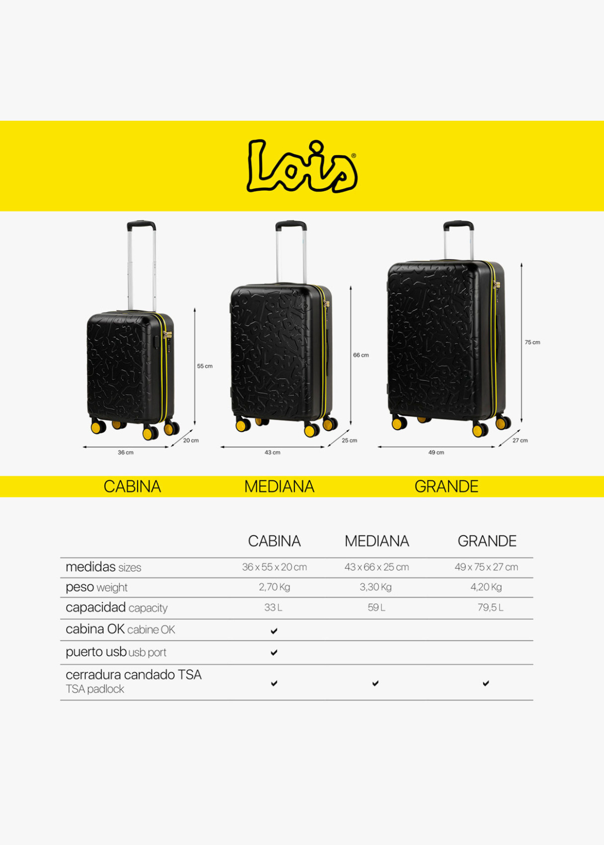 Maletas Cabina y Grande rígida con ruedas Trolley negro
