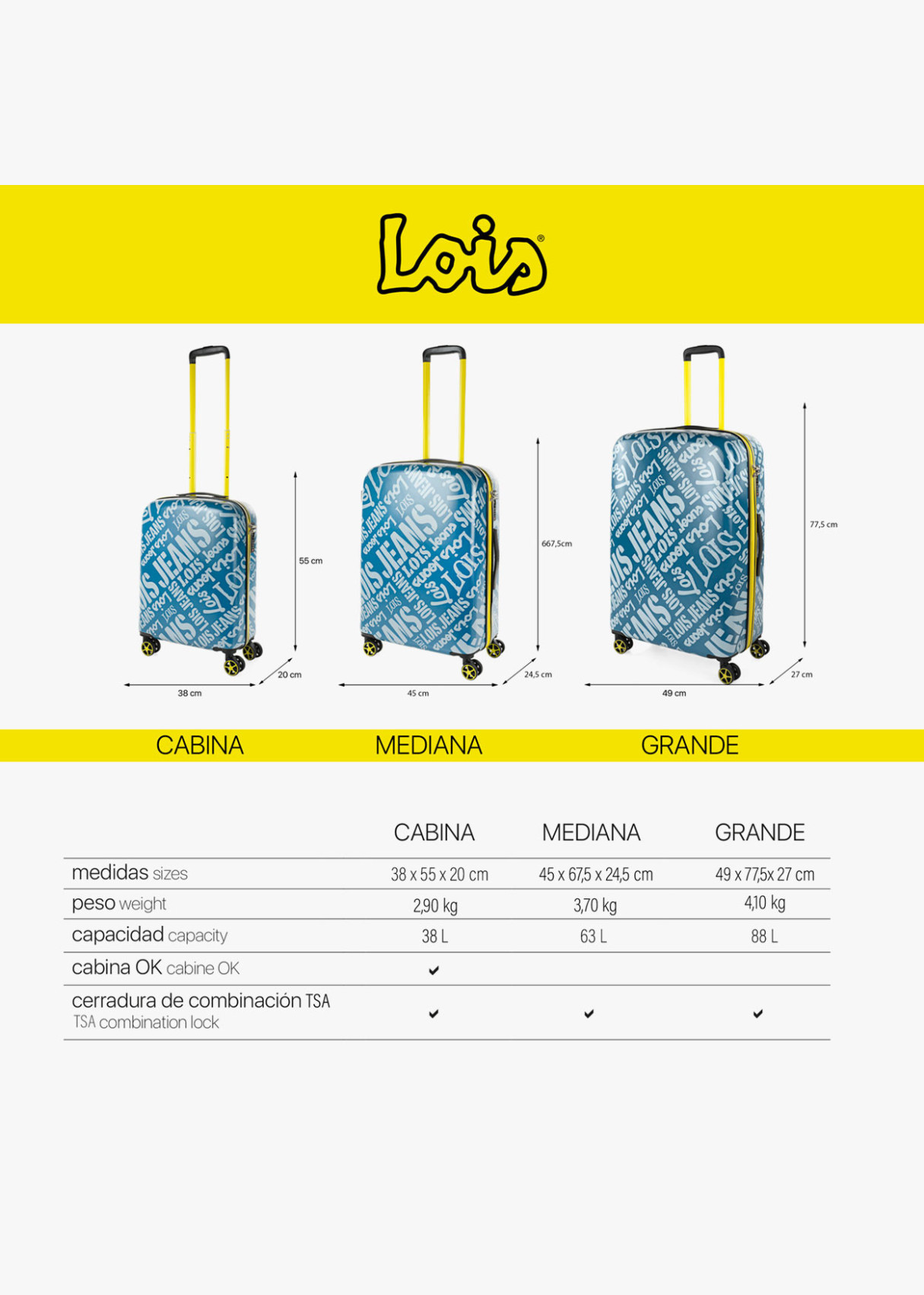 Maletas con ruedas trolley estampada. Juego de dos azul