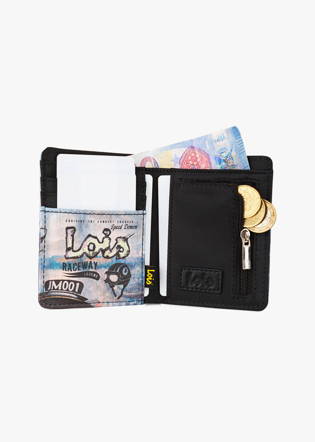 Cartera Billetera tarjetero de polipiel estampado moto azul