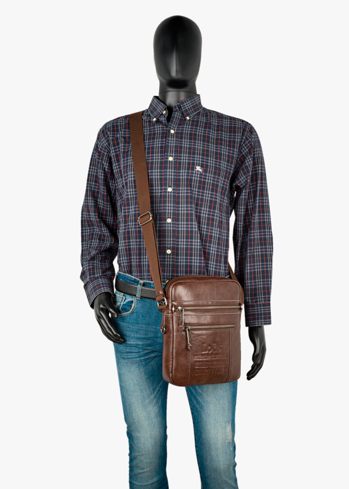 Bolso bandolera ajustable con bolsillos y doble cremallera marrón