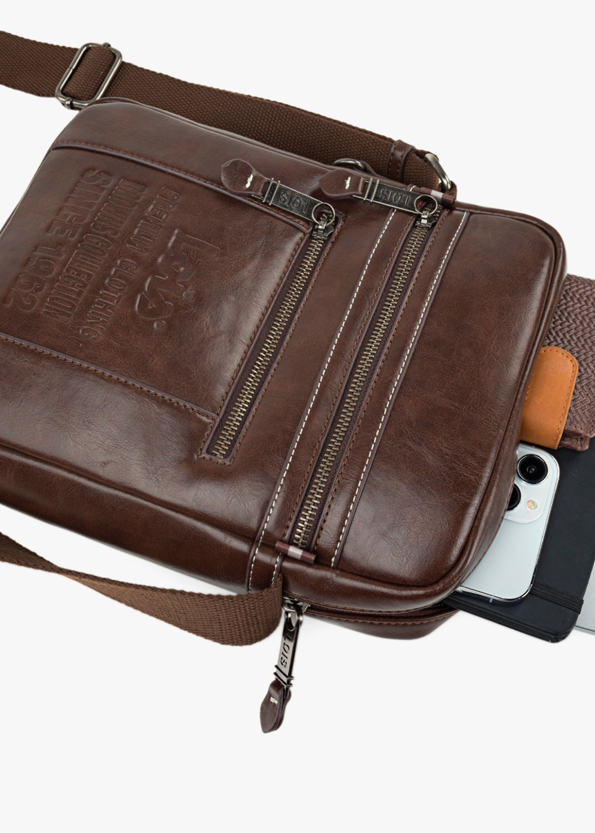 Bolso bandolera ajustable con bolsillos y doble cremallera marrón