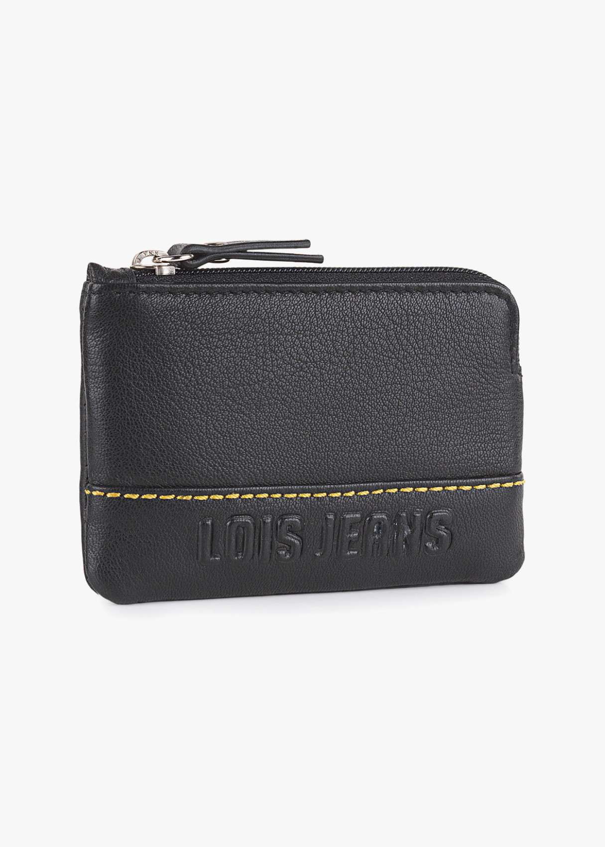 Monedero de piel pequeño con llavero y bolsillo exterior negro