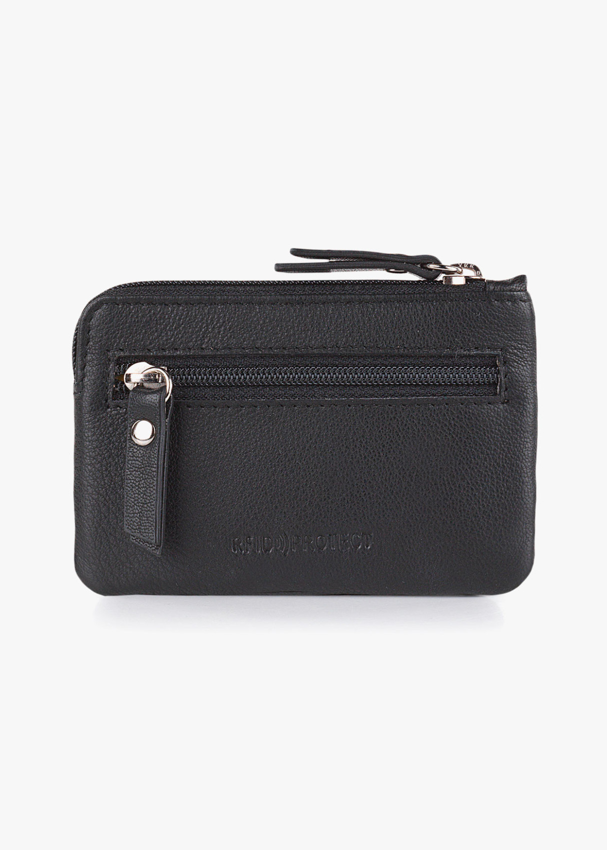 Monedero de piel pequeño con llavero y bolsillo exterior negro