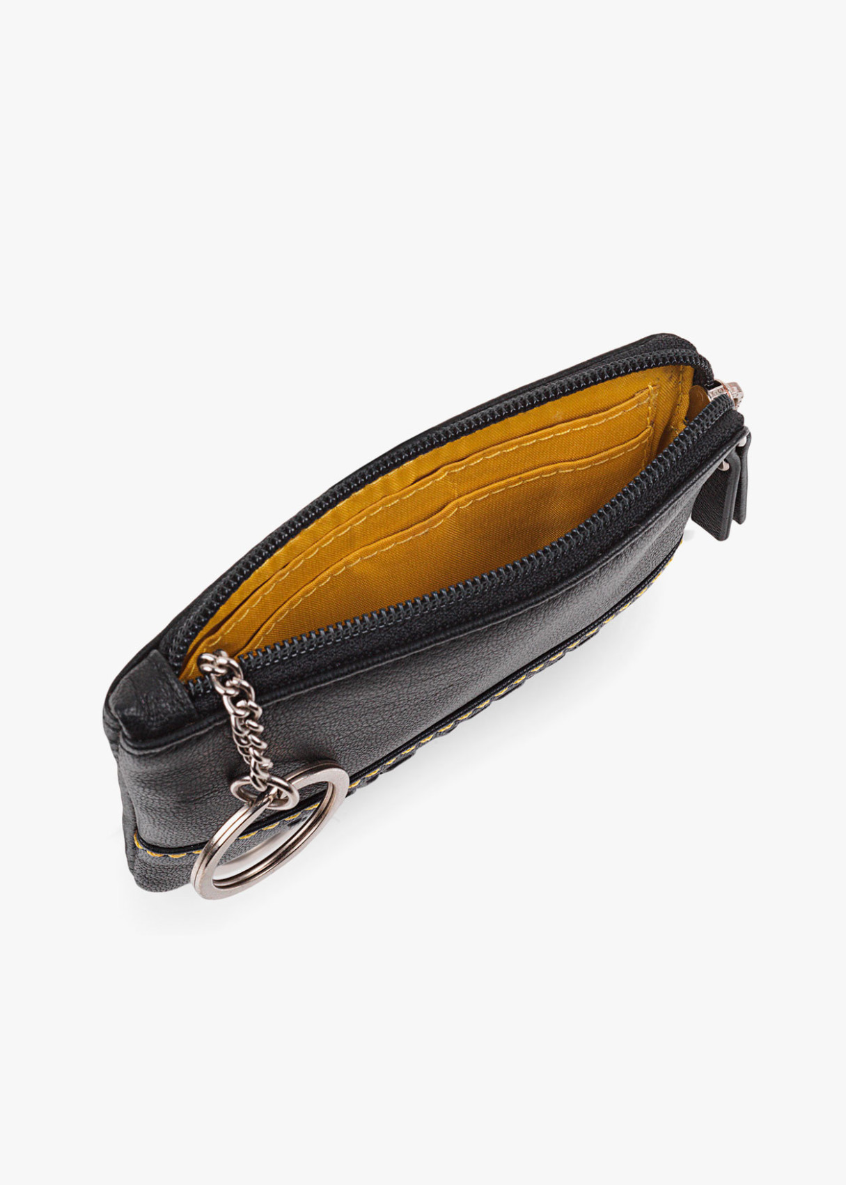 Monedero de piel pequeño con llavero y bolsillo exterior negro