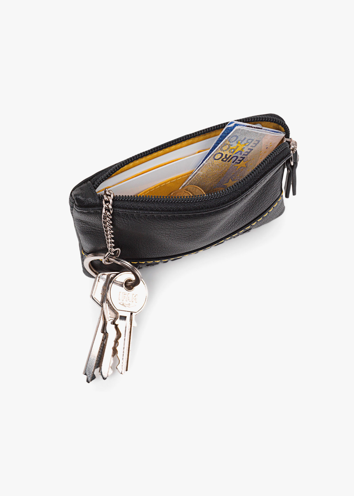 Monedero de piel pequeño con llavero y bolsillo exterior negro