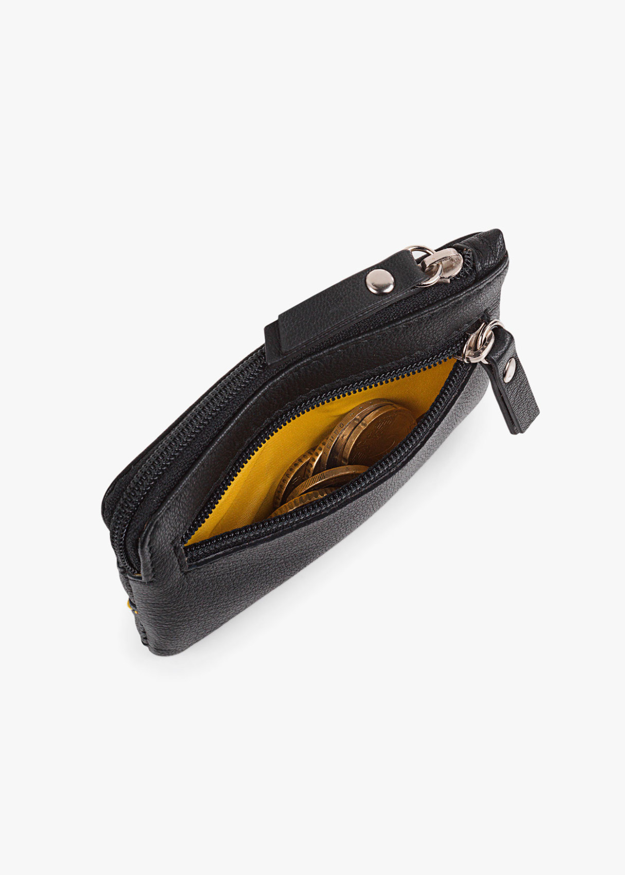 Monedero de piel pequeño con llavero y bolsillo exterior negro