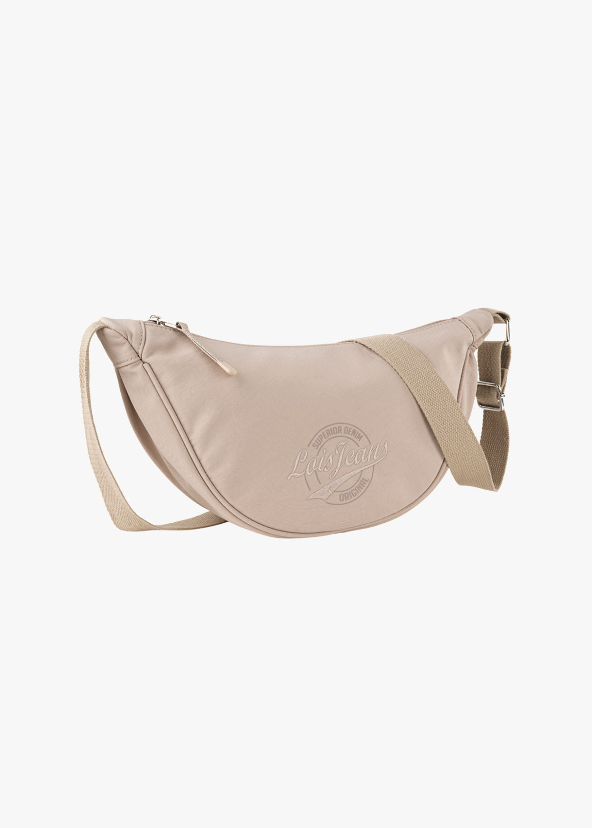Bolso bandolera ajustable ovalado monocolor con cremallera beige