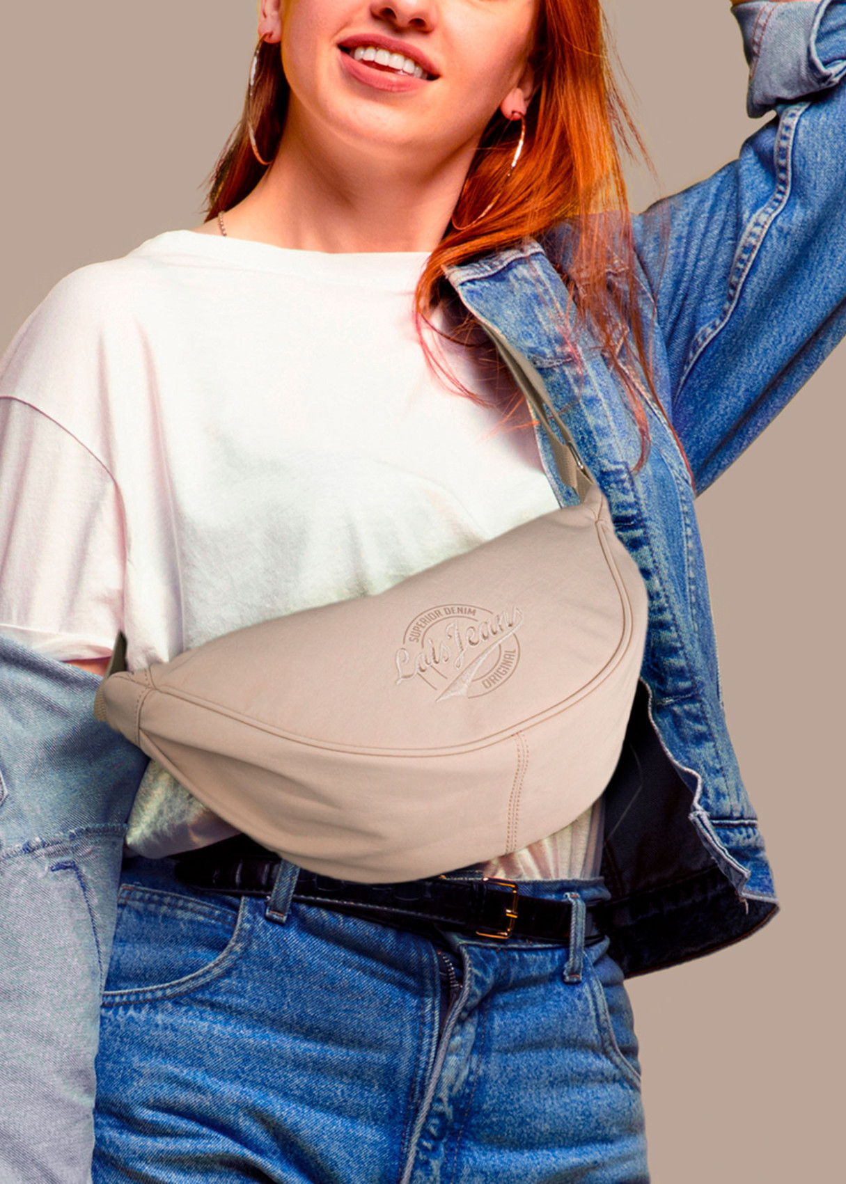 Bolso bandolera ajustable ovalado monocolor con cremallera beige