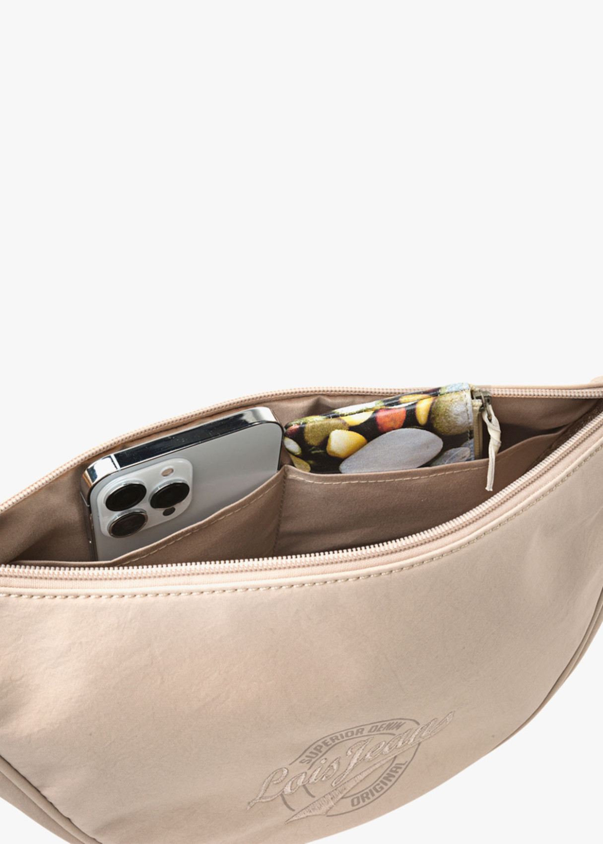 Bolso bandolera ajustable ovalado monocolor con cremallera beige