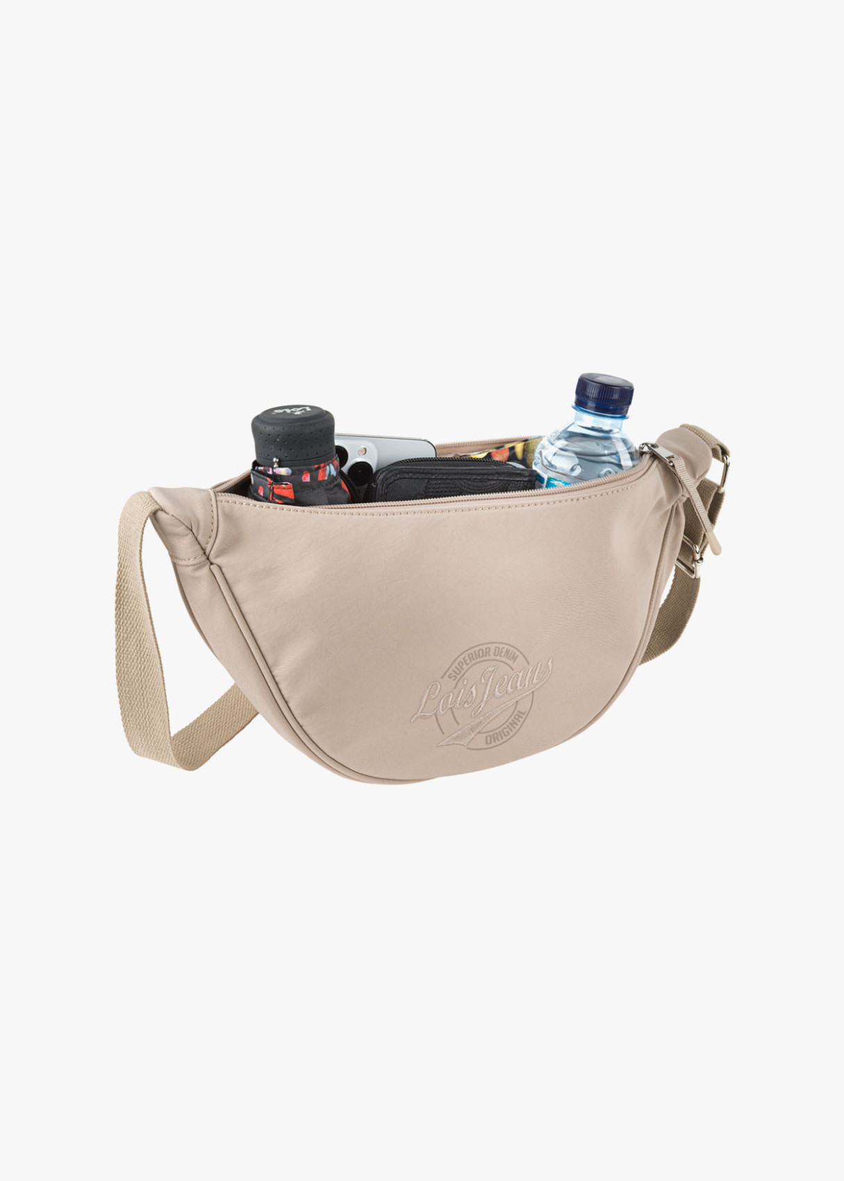 Bolso bandolera ajustable ovalado monocolor con cremallera beige