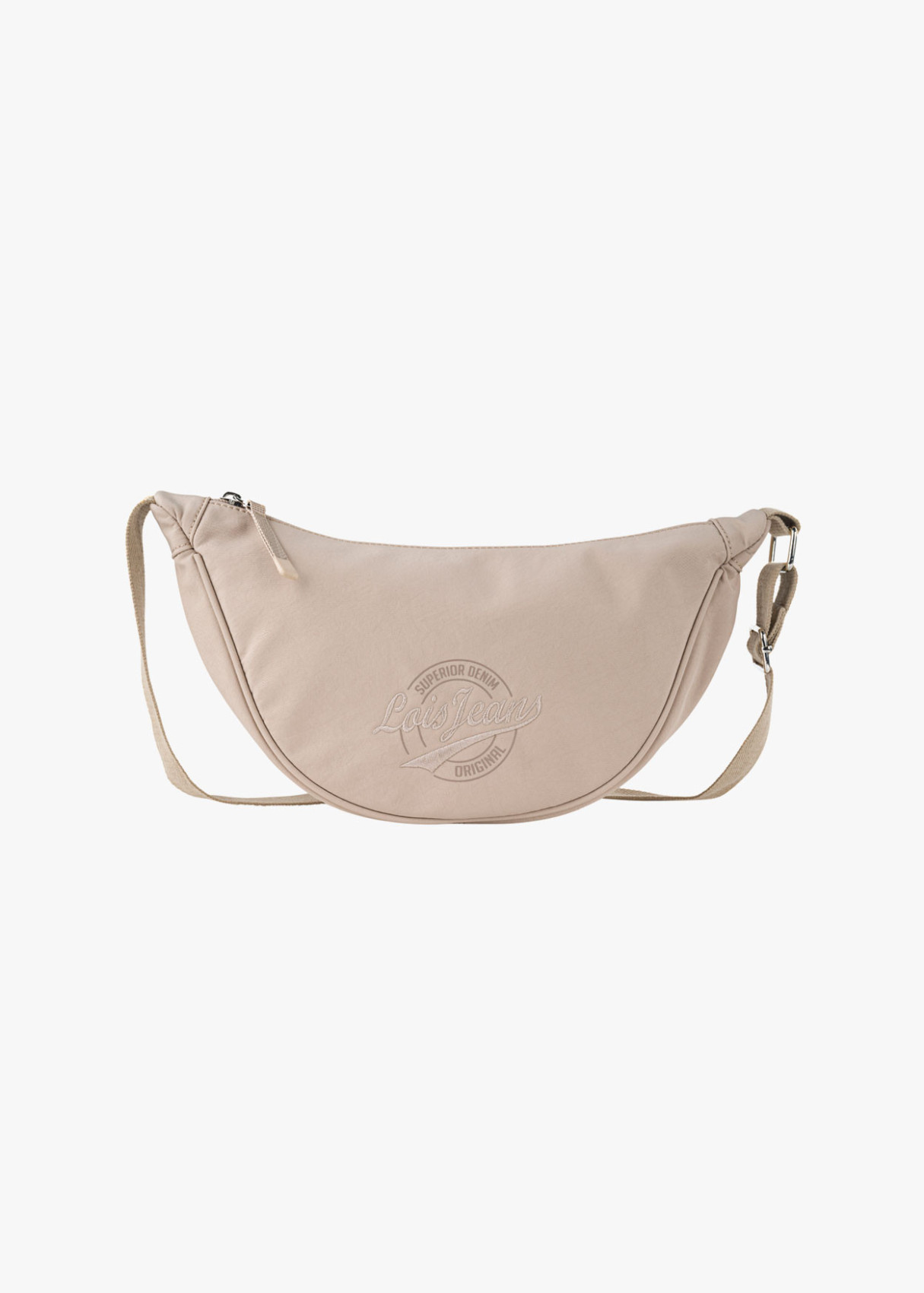 Bolso bandolera ajustable ovalado monocolor con cremallera beige