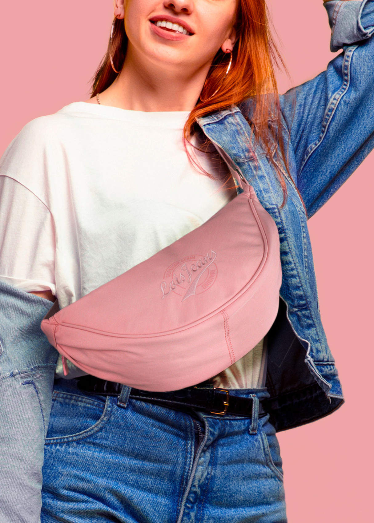Bolso bandolera ajustable ovalado  con cremallera rosa