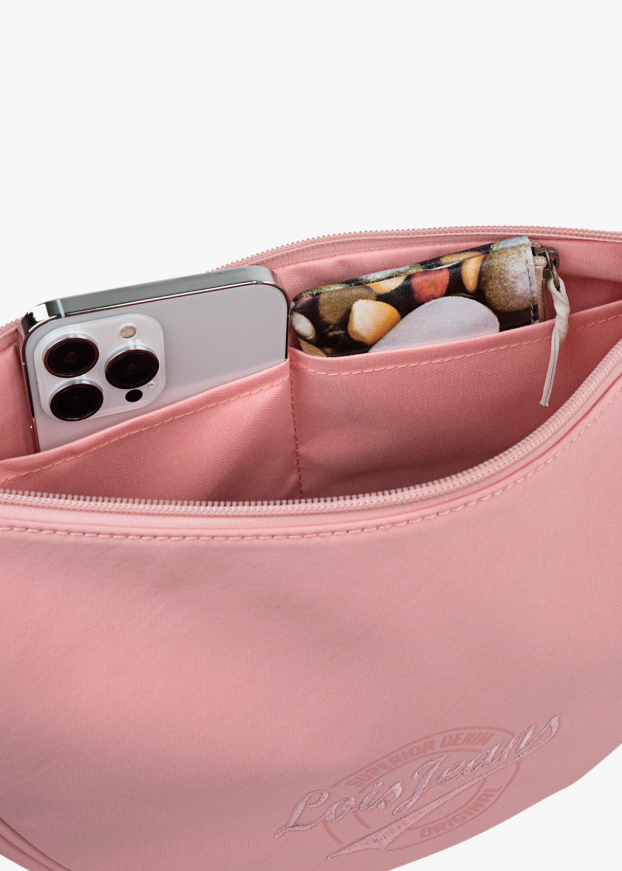 Bolso bandolera ajustable ovalado  con cremallera rosa