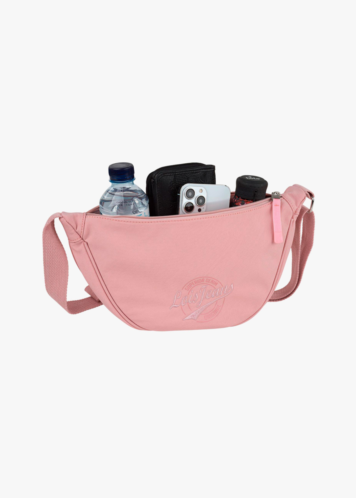 Bolso bandolera ajustable ovalado  con cremallera rosa